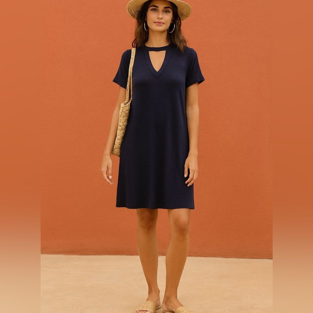NEW Reb & J Womens Navy Blue Soft Stretchy Collared Keyhole T-Shirt Dress sz L‎